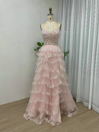 2024 Pink Lace Corset Spaghetti Straps A-Line Evening Gown - Stunning Ruffles and Split Formal Party Dress for Special Events