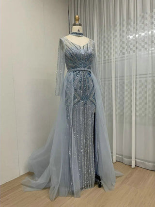 Exclusive Beaded Mermaid Evening Dress with High Split and Removable Train - Elegant Long Sleeves Dubai Wedding Party Gown