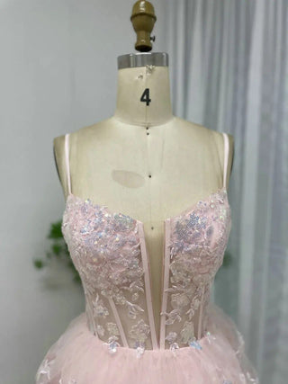 2024 Pink Lace Corset Spaghetti Straps A-Line Evening Gown - Stunning Ruffles and Split Formal Party Dress for Special Events