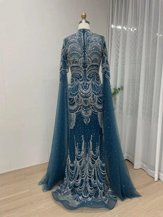 Ships in 1 to 3 Days - 2024 Blue Mermaid Wedding Party Gown - Beaded Lace Cape Sleeves High Neck Tulle Dress for Muslim Formal Occasions