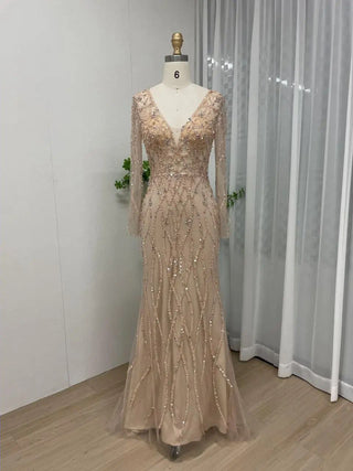 Champagne Mermaid Evening Dress - Luxury Beaded Tulle Ball Gown with Long Sleeves for Women’s Wedding Parties