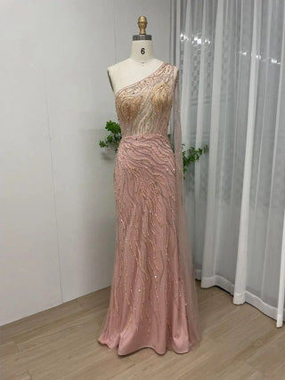 Gold One-Shoulder Beaded Mermaid Gown with Cape – Exclusive Dubai-Inspired Formal Dress for Prom & Special Occasions 2024