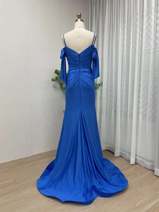 Royal Blue Off-Shoulder Satin Mermaid Gown with High Slit – Elegant Formal Dress for Weddings & Special Occasions