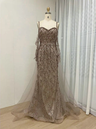 Ships in 1 to 3 Days - Sparkly Beaded Spaghetti Straps Mermaid Evening Dress - Sweetheart Neck Gown with Gloves for Arabic Wedding Guests