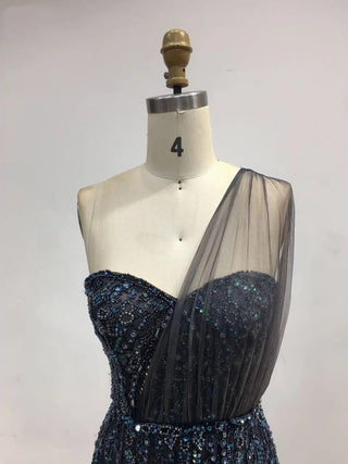 2024 Navy One-Shoulder A-Line Formal Occasion Dress - Stunning Beaded Sweetheart Neck Ball Gown for Women’s Parties