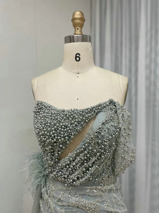 Exclusive One-Shoulder Mermaid Evening Formal Dress - Luxury Beaded Feathers with High Slit for Wedding Guests