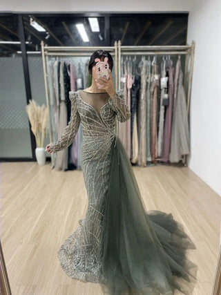 Ships in 1 to 3 Days - 2024 Muslim Gold Mermaid Evening Gown: Beaded Luxury with Dubai-Inspired Overskirt for Women's Party Elegance