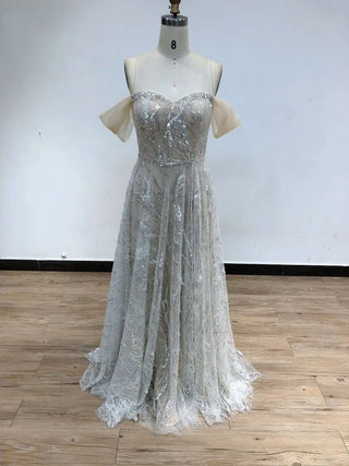 2024 Ivory A-Line Vintage Glitter Sequined Evening Dress - Elegant Off-Shoulder Wedding Gown for Women Celebrity