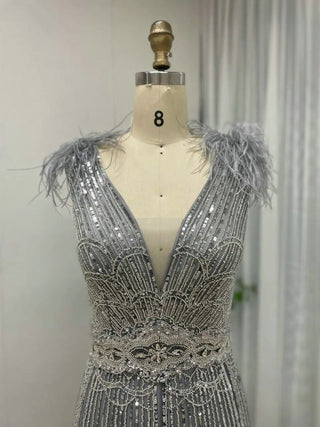 Ships in 1 to 3 Days - Dubai Sexy V-Neck Beaded Feathers Evening Gown - Luxury A-Line Wedding Party Dress for Women