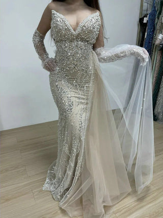 Gorgeous White Strapless Evening Dress - Pleated Rhinestones Mermaid Princess Gown for Women’s Wedding Parties in Dubai