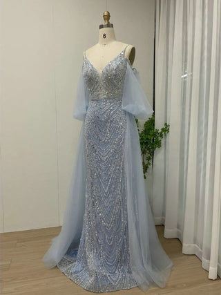 Ships in 1 to 3 Days - Light Blue Elegant Puff Sleeves Mermaid Evening Dress - V-Neck Beaded Formal Gown for Arabic Wedding Parties