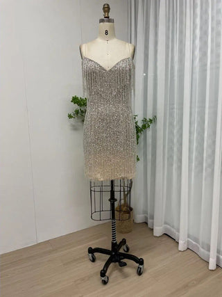 2024 Champagne Off-Shoulder Cocktail Party Dress - Stunning Tassel Beaded V-Neck Backless Evening Ball Gown