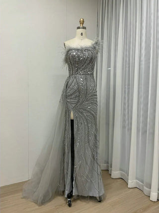 Grey Mermaid High Split Arabic Luxury Evening Dress - Celebrity One-Shoulder Beaded Feathers Gown for Formal Parties