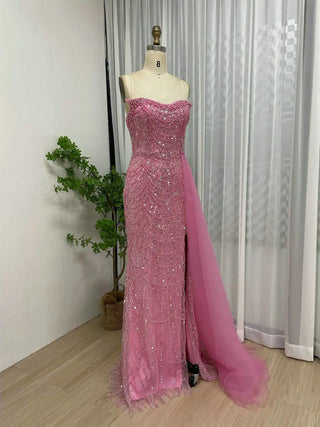 Fuchsia Stunning Strapless Mermaid Evening Dress - Luxury Beaded Sheath Gown with High Slit and Train for Weddings and Prom