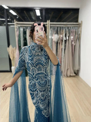 Ships in 1 to 3 Days - 2024 Blue Mermaid Wedding Party Gown - Beaded Lace Cape Sleeves High Neck Tulle Dress for Muslim Formal Occasions