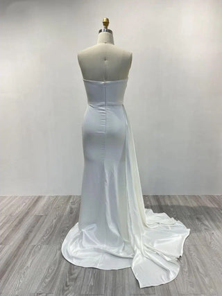 White Satin Mermaid Evening Gown - Elegant Strapless Pleated Long Tail Dress with Side Train for Weddings and Parties