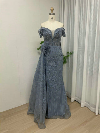 Ships in 1 to 3 Days - Blue Exclusive 3D Flowers Mermaid Evening Gown - Luxury Beaded High Split Dress for Dubai Weddings and Celebrity Parties