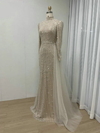 Nude Elegant Long Sleeves Muslim Formal Occasion Dress - Beaded Mermaid Evening Gown with High Neck and Side Train