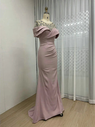 Pink Modest Mermaid O-Neck Satin Evening Gown - Crystal Rhinestones Short Sleeves for Women’s Wedding and Formal Parties