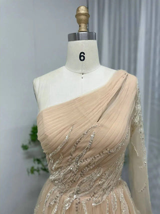 Exclusive Gold A-Line Tulle Evening Dress - One-Shoulder Shiny Sequin Gown for Birthday Parties and Wedding Guests in Dubai