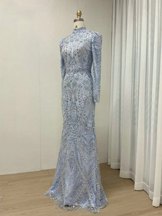 Luxury Beaded High Neck Long Sleeves Evening Dress - Elegant Blue Mermaid Party Gown for Wedding Guests