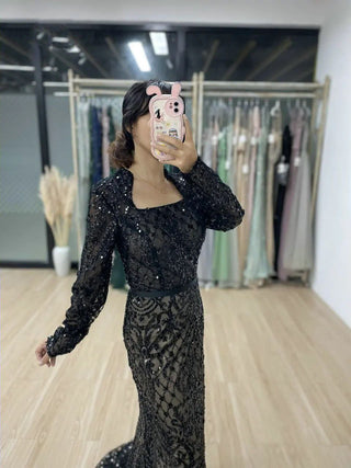 2024 Modest Sheer Long Sleeves Sequined Muslim Evening Gown - Arabic Luxury Mermaid Dress for Wedding Guests and Parties