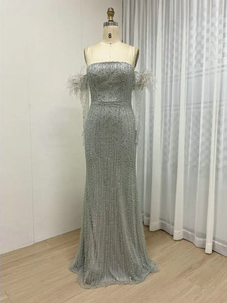 Ships in 1 to 3 Days - Grey Green Strapless Luxury Beaded Evening Dress - Exclusive Mermaid Gown with Gloves for Arabic Weddings and Formal Parties