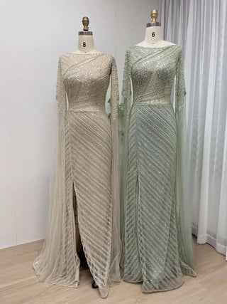 Ships in 1 to 3 Days - 2024 Green High Split Mermaid Evening Gown - Stylish Beaded Dress with Cape Sleeves for Women’s Weddings and Parties