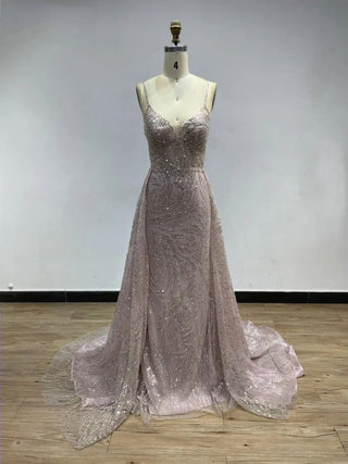 2024 Pink Luxury Mermaid Evening Dress - Exclusive V-Neck Beaded Gown with Overskirt for Prom and Graduation