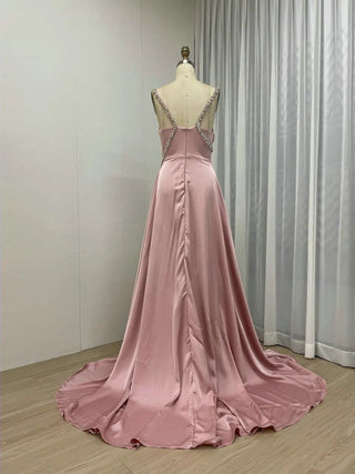 Pink Beaded Spaghetti Straps Mermaid Evening Gown - Luxury High Split Dress with Overskirt for Weddings and Prom