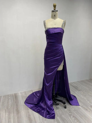 2024 Purple Mermaid Evening Gown - Stunning High Split Satin Party Dress with Spaghetti Straps and Beaded Detailing for Weddings