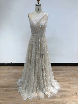 Ivory One-Shoulder A-Line Evening Ball Gown - Stunning Luxury Beaded Sleeveless Dress for Wedding Parties