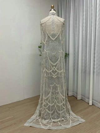 Luxury Grey High Neck Mermaid Evening Gown - Beaded Celebrity Dress with Cape and Strapless Two-Piece Set for Dubai Events