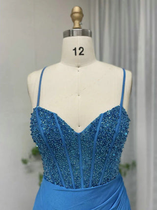 Blue Spaghetti Straps Mermaid Evening Gown - Simple High Split Beaded Satin Prom Dress with Lace-Up Back for Birthday Parties