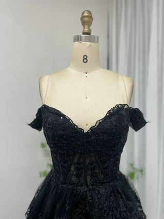 Elegant Black Off-Shoulder A-Line Lace Evening Gown - Sexy V-Shape Back Prom Dress for Women’s Parties