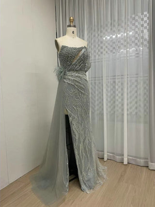 Exclusive One-Shoulder Mermaid Evening Formal Dress - Luxury Beaded Feathers with High Slit for Wedding Guests