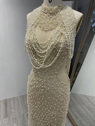 Ivory Mermaid Evening Gown - Gorgeous Pearls and Tassel Split Dress with Halter Backless Design for Weddings and Parties