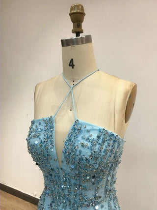 Sexy Blue Halter Lace-Up Back Mermaid Evening Gown - Trendy Backless Sequined Prom Dress for Women’s Parties and Weddings