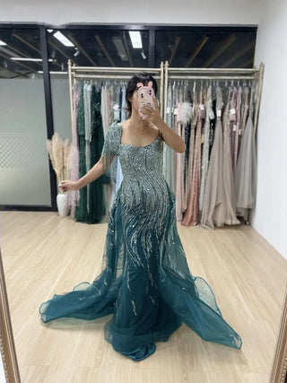 Ships in 1 to 3 Days - 2024 Blue Mermaid Evening Gown with Overskirt - Exclusive Beaded Tassel Slip Dress for Women’s Formal Occasions