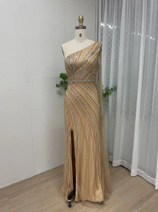 Ships in 1 to 3 Days - Luxury Gold One-Shoulder Mermaid Gown with Cape – Beaded Split Evening Dress for Weddings & Celebrity Parties 2024