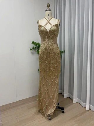 Ships in 1 to 3 Days - Dubai Silver Mermaid Evening Gown 2024 with Gold Beaded Tassel - Luxury Spaghetti Strap Party Dress for Women