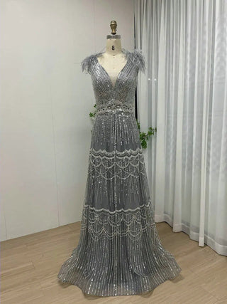 Ships in 1 to 3 Days - Dubai Sexy V-Neck Beaded Feathers Evening Gown - Luxury A-Line Wedding Party Dress for Women