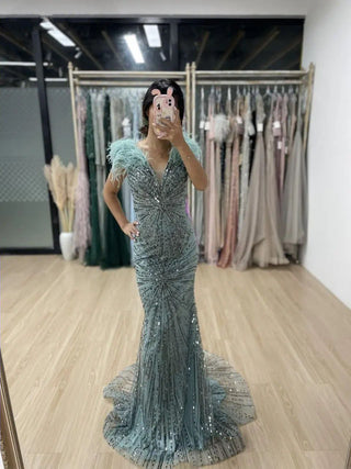 Ships in 1 to 3 Days - 2024 Green Mermaid Evening Gown - Stunning Beaded Feathers V-Neck Sleeveless Dress for Formal Occasions and Weddings