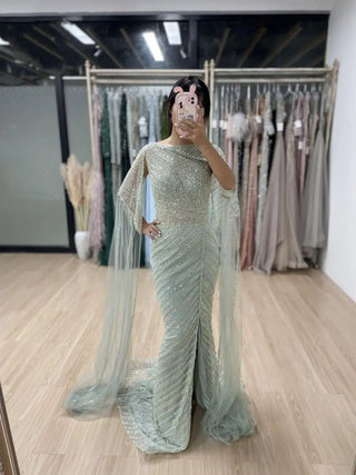 Ships in 1 to 3 Days - 2024 Green High Split Mermaid Evening Gown - Stylish Beaded Dress with Cape Sleeves for Women’s Weddings and Parties