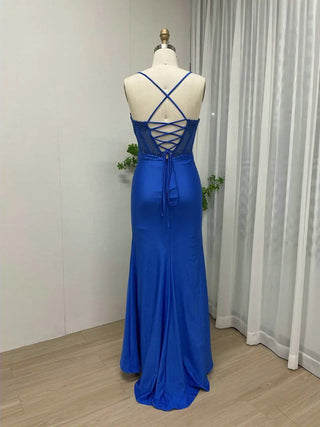 Royal Blue Spaghetti Straps Evening Gown - High Slit Crystal Diamonds Prom Party Dress with Lace-Up Back for Women