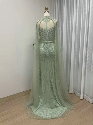 Ships in 1 to 3 Days - Muslim High Neck Mermaid Evening Gown - Mint Beaded Dress with Cape Sleeves for Women’s Celebrity Parties in Dubai