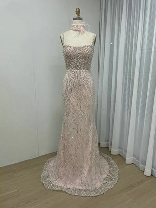 Pink Stunning Beaded Spaghetti Straps Mermaid Formal Dress - Luxury Open Back Evening Gown with Feathers for Wedding Parties