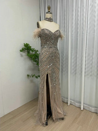 Ships in 1 to 3 Days - Nude Strapless Prom Dress - Exclusive High Split Beaded Feathers Evening Gown for Women’s Celebrity Parties in Dubai