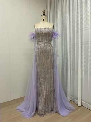 Ships in 1 to 3 Days - Grey Green Strapless Luxury Beaded Evening Dress - Exclusive Mermaid Gown with Gloves for Arabic Weddings and Formal Parties