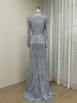 Luxury Beaded High Neck Long Sleeves Evening Dress - Elegant Blue Mermaid Party Gown for Wedding Guests